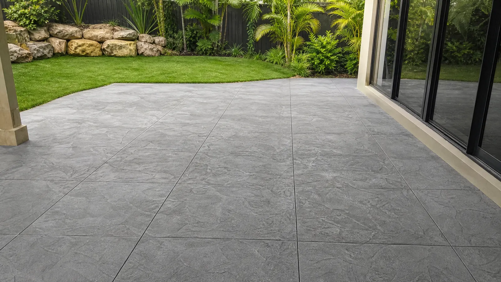 Beautiful spray-on concrete patio area with slate pattern finish in charcoal tones beside swimming pool on Gold Coast property