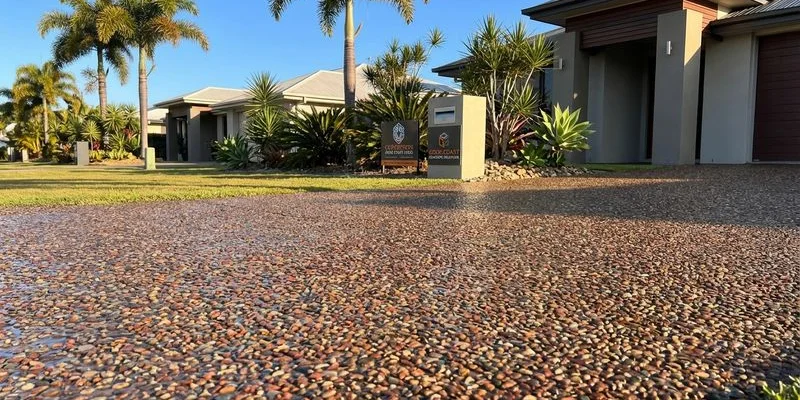 Clean and well-maintained exposed aggregate concrete driveway with fresh sealer coating on a bright sunny Gold Coast afternoon