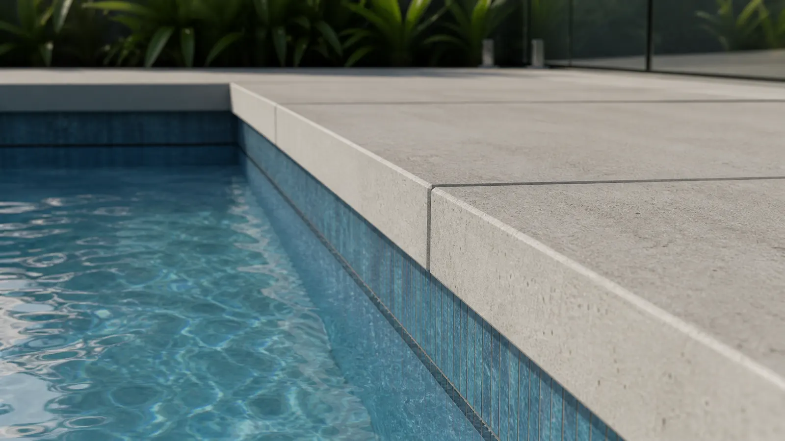 Close-up comparison of three pool coping profiles square nose bullnose and drop edge in matching sandstone material Gold Coast