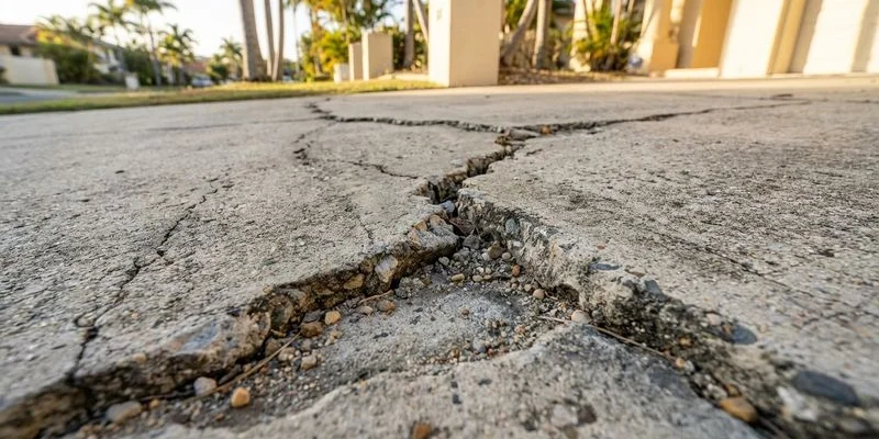 Close-up view of wide structural cracks running through an aged concrete driveway surface with weeds growing through the gaps