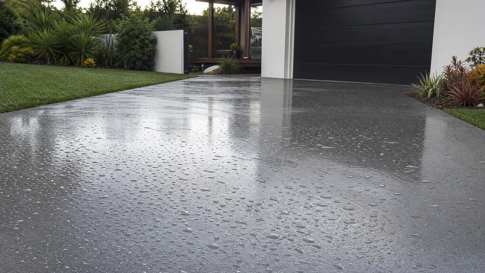 Comparison showing sealed concrete driveway section repelling water beads next to unsealed section absorbing water on Gold Coast