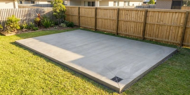 Completed concrete shed slab with smooth surface finish and proper drainage fall visible on a sunny Gold Coast residential property