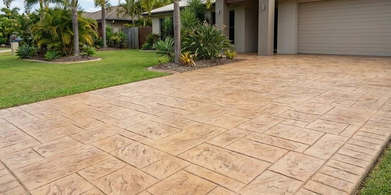Completed decorative concrete resurfacing with stamped stone pattern on a previously plain Gold Coast driveway with modern home