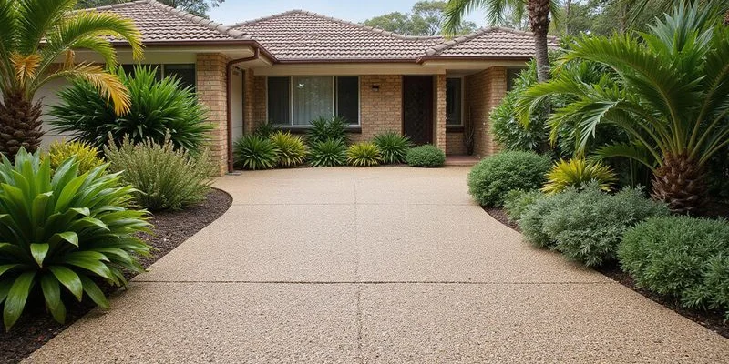 Completed exposed aggregate project including driveway paths and patio with matching stone blend on Gold Coast property