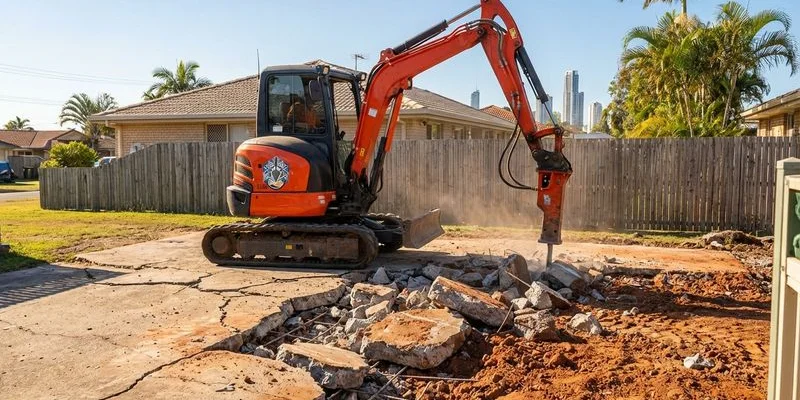 Demolition of old cracked concrete driveway being removed by excavator before new slab replacement on a Gold Coast property