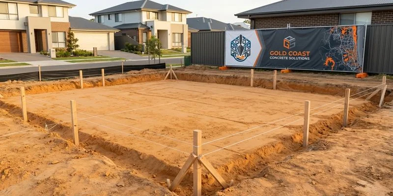Excavated and levelled building site with boundary pegs and string lines marking slab position on a Gold Coast residential property