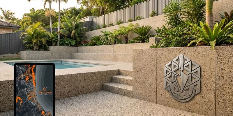 Exposed aggregate pool surround with integrated concrete steps and retaining wall on a sloping Gold Coast backyard property