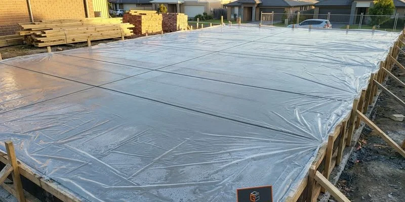 Freshly poured and finished concrete slab curing under plastic sheeting with expansion joints visible on Gold Coast building site