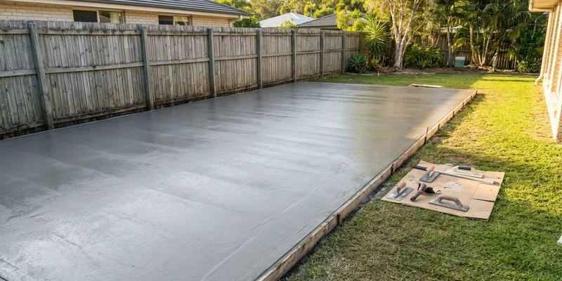Large concrete workshop slab freshly finished with trowelled surface next to established garden and fence on Gold Coast property