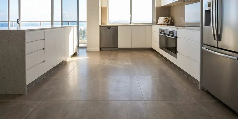 Large format porcelain tiles installed in a bright modern Gold Coast kitchen with natural light and ocean views visible