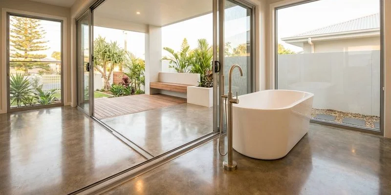 Modern Gold Coast bathroom with polished concrete floor showing warm tones and seamless transition to outdoor area