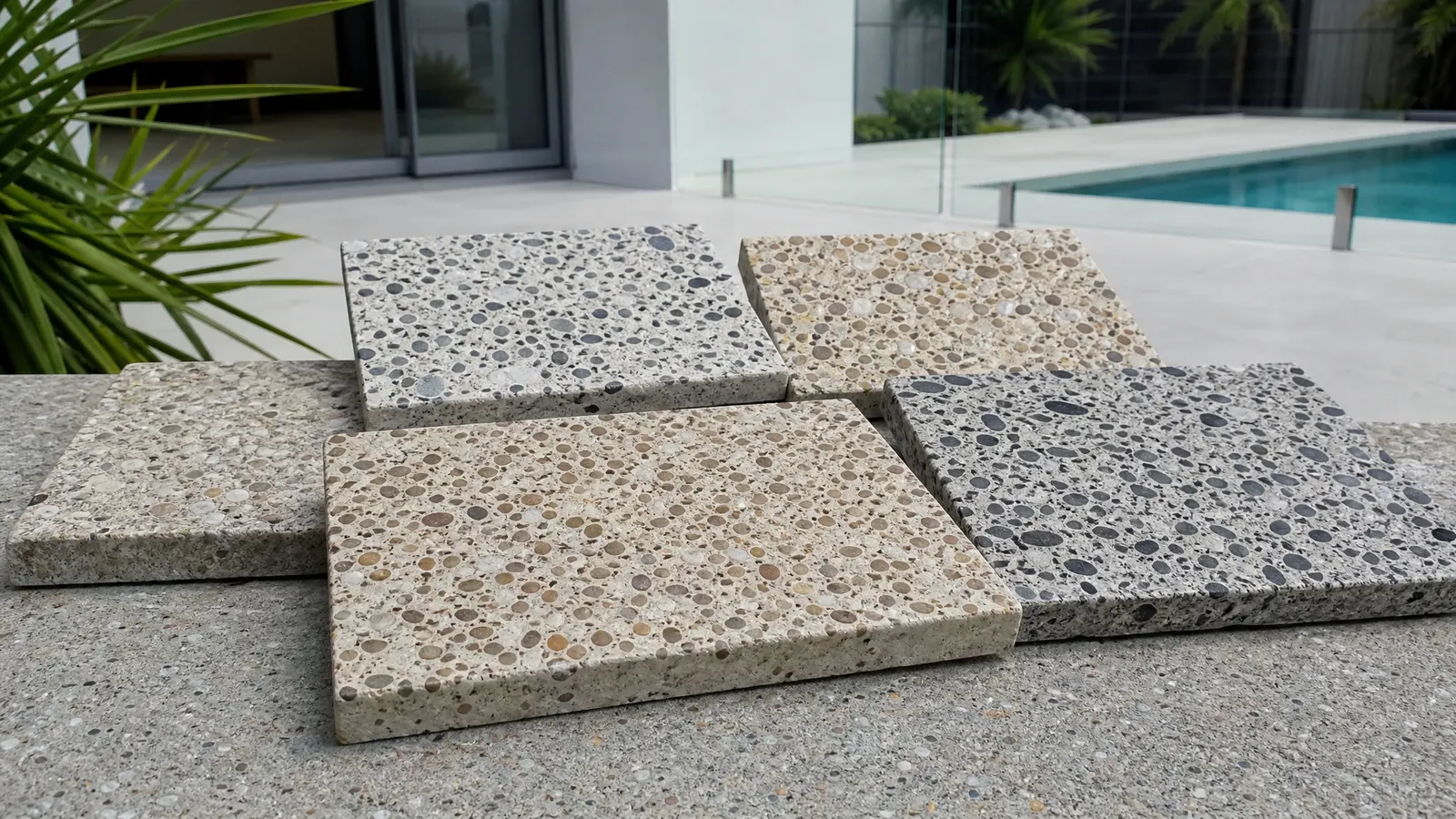 Multiple exposed aggregate concrete sample discs showing different stone blends and colour options laid out on a Gold Coast lawn