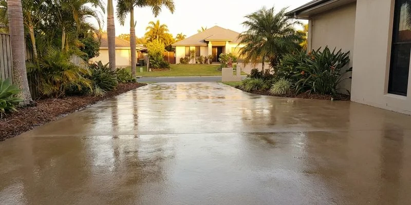 Newly sealed concrete driveway reflecting warm afternoon light with surrounding subtropical garden on a Gold Coast property