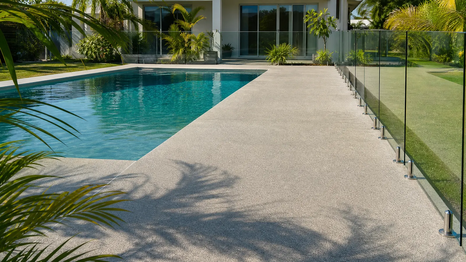 Safe and well-maintained concrete pool surround with proper drainage and non-slip exposed aggregate finish on Gold Coast home