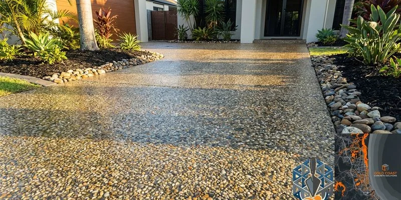 Sealed exposed aggregate driveway with natural stone textures glistening under sunlight outside a contemporary Gold Coast residence