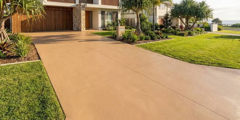 Smooth coloured concrete driveway in warm sandstone tone leading to a modern Gold Coast home with landscaped garden borders