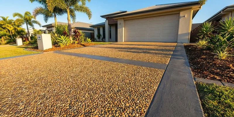 Wide exposed aggregate driveway with warm stone blend and coloured concrete borders leading to a double garage on Gold Coast