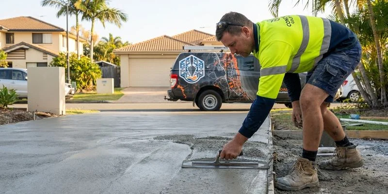 Worker applying concrete resurfacing overlay with trowel over prepared existing driveway surface on a Gold Coast residential property